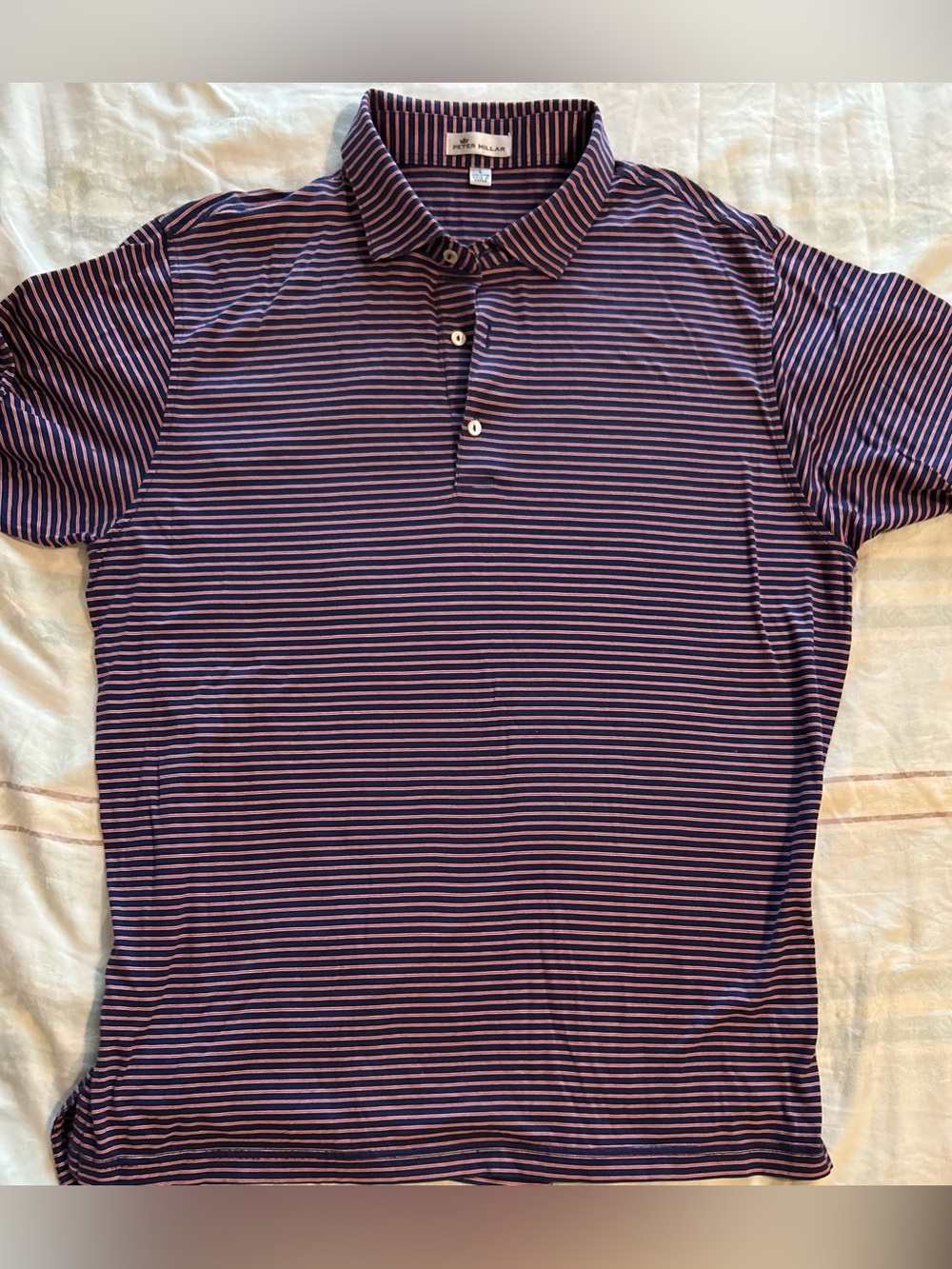 Peter Millar Men’s Navy Blue and Thin-Stripe Performance Polo L